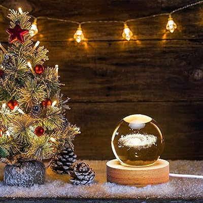 3D Laser Engraved Crystal Ball Night Light – Solid Wood Base & Warm LED Glow