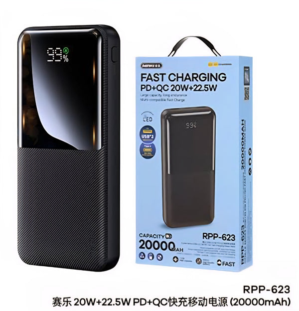 Remax RPP-623 20000 mAh Power Bank — 20W PD + 22.5W QC Fast Charging, LED Display