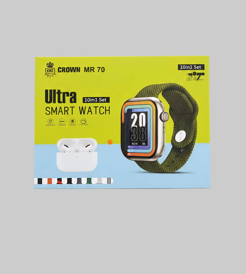 Crown MR 70 Ultra 10-in-1 Smart Watch Bundle – Premium Edition with 7 Interchangeable Straps, AirPods Pro, and Wireless Charger
