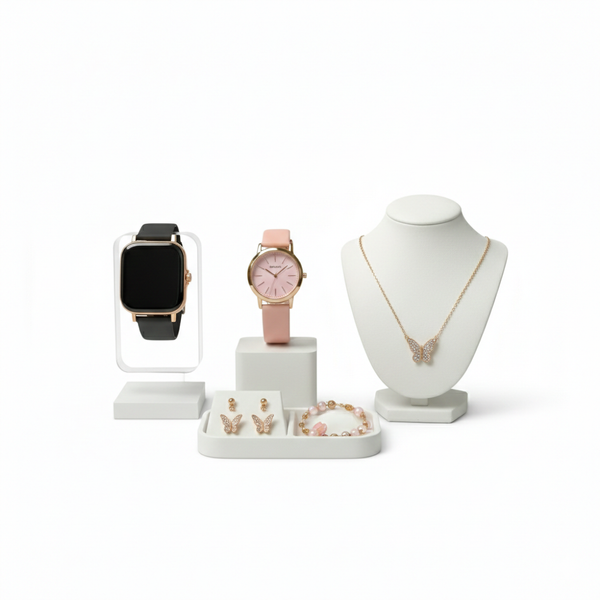 Es1 Plus Elite Elegance 6-Piece Jewelry & Tech Gift Set – Rose Gold Smartwatch, Crystal Analog Watch, and Deluxe Accessory Suite